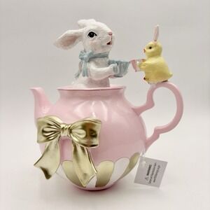 Pink Easter Bunny in Teapot Figurine White Bunny Chick Golden Bow Tabletop Decor